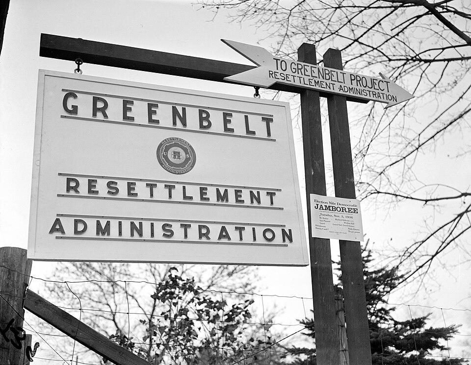 White sign that read Greenbelt Resettlement Adminstration.